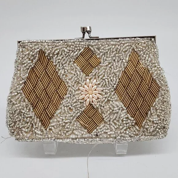 Vintage 1950's Silver Pearl Diamond Pattern Hand Beaded Evening Purse Clutch - Picture 4 of 12